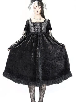 Gothic Jacquard Black Velour Long Sleeve Puff Sleeve Dress -NAUS Lolita Shop 4 500x672 1424