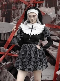 Halloween Gothic Turtleneck Lace Design Velvet Jacquard Large Crucifix Decorative Pumpkin Skirt Hem Long Sleeve Dress -NAUS Lolita Shop 4 500x672 1430