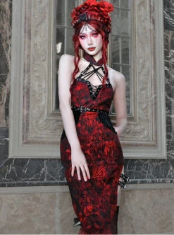 Hades Banquet Series Reddish Black Jacquard Gothic Style Sexy Slit Modified Cheongsam PU Belt V Neckline Sleeveless Dress -NAUS Lolita Shop 4 500x672 1432