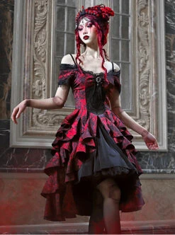 Hades Banquet Series Reddish Black Jacquard Lace Layered Pleated Hem Gothic Off-The-Shoulder Design Brooch Decoration Dress -NAUS Lolita Shop 4 500x672 1438