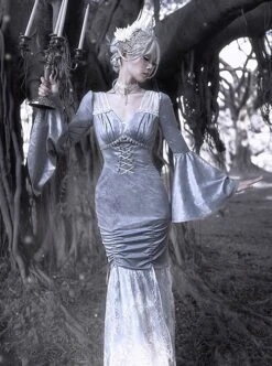 Swan Falling Dream Series Gray Purple V-Neck Sexy Jacquard Fishtail Lace Hem Design Trumpet Sleeve Slim Gothic Long-Sleeved Dress -NAUS Lolita Shop 4 500x672 1448