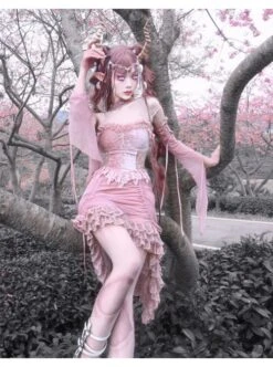 Cherry Nightmare Series Velvet Embossed Fabric Lace Frills Drawstring Design Stretch Flared Sleeves Sexy Gothic Pink Sling Dress -NAUS Lolita Shop 4 500x672 1449