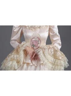 Champagne Classical Style Long Sleeve Multilayer Delicate Lace Collar And Hem Court Prom Lolita Dress -NAUS Lolita Shop 4 500x672 145