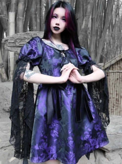 Tassel Binding Band Bowknot Purple Jacquard Gothic Puff Sleeve Dress -NAUS Lolita Shop 4 500x672 1450