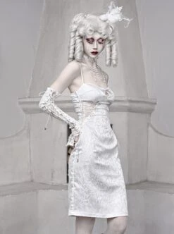 White Embossed Thorn Jacquard Sexy Hollow Stitching Lace-Up Slim Simple Gothic Sleeveless Dress