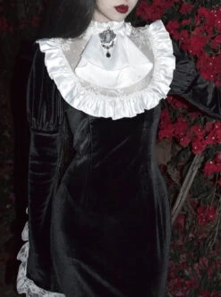 White Lace Black Velour Medieval Gothic Long Style Fishtail Dress 9 White Lace Black Velour Medieval Gothic Long Style Fishtail Dress -NAUS Lolita Shop 4 500x672 1456