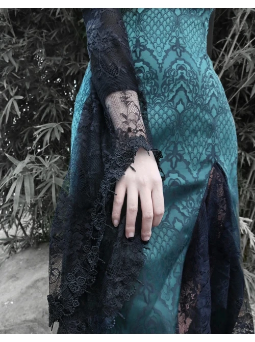 Lust Snake Series Improved Cheongsam Stand Collar Green Duckweed Jacquard Black Lace Gothic Split Dress 5 Lust Snake Series Improved Cheongsam Stand Collar Green Duckweed Jacquard Black Lace Gothic Split Dress - Image 5