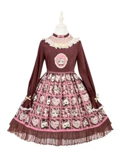 Solid Color Stand Collar Translucent Hollow Out Detachable Cloak Cat Print Classic Lolita Long Sleeve Dress -NAUS Lolita Shop 4 500x672 148