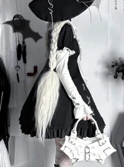 Spider Witch Series Cobweb Doll Collar Cobweb Black High Waist Ruffle Cross Straps Gothic Lolita Puff Sleeves Dress -NAUS Lolita Shop 4 500x672 173