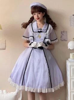 Herringbone Jacquard Polka Dot Chiffon Lace Shawl Sleeve Design Bow Classic Lolita Short Sleeve Dress -NAUS Lolita Shop 4 500x672 176