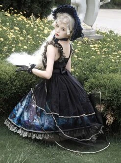 Vintage Gorgeous Fairy Fish Fantasy Print Lace Square Neck Elegant Bead Chain Decorate Gothic Lolita Sleeveless Dress -NAUS Lolita Shop 4 500x672 181