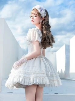 Miss Hill Series White Elegant Pure Color Binding Band Design Daily Classic Lolita Short Sleeve Dress -NAUS Lolita Shop 4 500x672 184