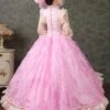 Spring Gentle Pink Hollow Out Mid-length Puff Sleeve Lace Pearls Embroidered Flowers Classical Lolita Prom Dress