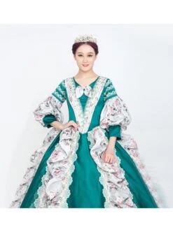 Retro Green Neckline Printed Bow Mid-length Trumpet Sleeve European Court Lolita Prom Dress -NAUS Lolita Shop 4 500x672 203