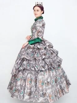 Retro Grey All Over Printing Stand Collar Grey-green Stitching Long Sleeve Pearls Decoration Lolita Prom Dress