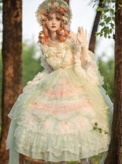 Retro Gorgeous Spring Tea Party Girl Green Bare Shoulder Sweet Lolita Mid-Sleeved Dress -NAUS Lolita Shop 4 500x672 223