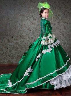 Palace Style White Lace Green Trumpet Sleeve Lolita Prom Long Trailing Dress -NAUS Lolita Shop 4 500x672 235