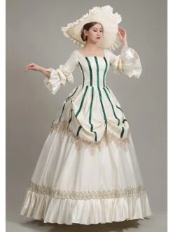 White Long Green Vertical Stripe Decoration Puff Long Sleeve Royal Dinner Annual Meeting Party Retro Court Lolita Prom Dress -NAUS Lolita Shop 4 500x672 252