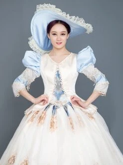 Blue Puff Sleeve Light Champagne Hem Lace Embroidery Classical Court Party Lolita Prom Dress -NAUS Lolita Shop 4 500x672 253