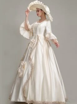 Light Champagne Square Collar Mid-length Trumpet Sleeve Lace Pearls Bow Decoration Simple Elegant Retro Court Style Lolita Prom Dress -NAUS Lolita Shop 4 500x672 254