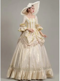 Elegant Champagne Puff Mid-length Sleeve Golden Vertical Stripes Decoration Royal Court Style Lolita Prom Dress -NAUS Lolita Shop 4 500x672 271