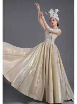 Light Golden High Waist Embroidery Long Sleeve Big Hem Dance Chorus Performance Prom Lolita Dress -NAUS Lolita Shop 4 500x672 274