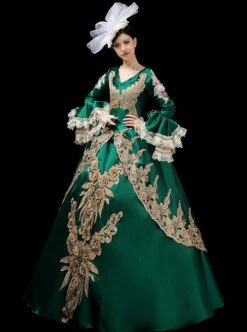 Green V-shape Neckline Dark Golden Embroidery Retro Lolita Prom Long Sleeve Dress -NAUS Lolita Shop 4 500x672 276