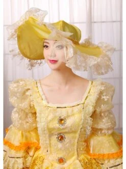 Gorgeous Retro Yellow Square Collar Lace Embroidery Drawstring At The Back Lolita Prom Long Sleeve Dress