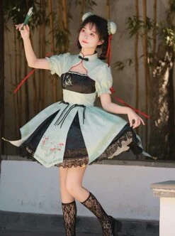 Orchid Pavilion Chinese Style Bamboo Leaves Auspicious Clouds Green Print Elegant Splice Lace Broad Sleeves Classic Lolita Dress OP -NAUS Lolita Shop 4 500x672 290