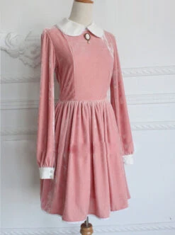Retro Pink Pleuche Round Collar Long Sleeves Classic Lolita Dress -NAUS Lolita Shop 4 500x672 292