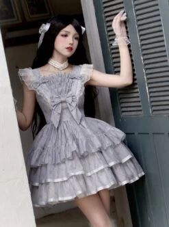 Sleepless Dream Series Ballet Style Diamond-Checked Print Layers Yarn Ruffle Hem Classic Lolita Lace Grey Strap Dress -NAUS Lolita Shop 4 500x672 31