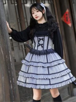 Foggy Moon Series Black Lace Decoration Gray Blue Three-Stage Ruffle Stitching Hem Classic Lolita Sleeveless Dress -NAUS Lolita Shop 4 500x672 312