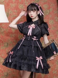 Bow Print Graphic Decoration Small Shawl Chinese Style Buckle Design Pleated Fluffy Lace Hem Classic Lolita Short Sleeve Dress -NAUS Lolita Shop 4 500x672 319
