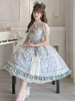 Spring Summer Elegant Lily Of The Valley Print Fresh Lace Bowknot Decoration Classic Lolita Sleeveless Dress Set -NAUS Lolita Shop 4 500x672 326