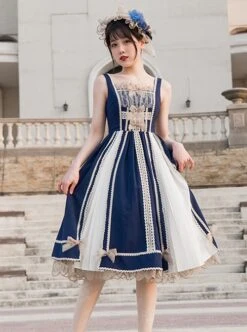 Navy Blue Lace Bow Elegant Color Contrast Vintage JSK Classic Lolita Sleeveless Dress Set -NAUS Lolita Shop 4 500x672 327