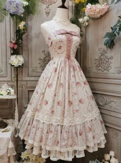 Elegant And Delicate Pink Floral Print Design Jacquard Lace Trim Bow Knot Tie Classic Lolita Slip Dress -NAUS Lolita Shop 4 500x672 330
