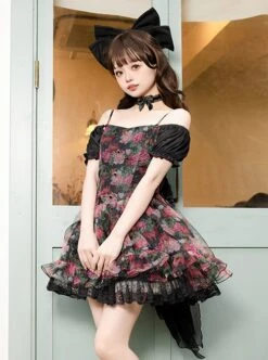 Chinese Style Northeast Big Flower Beautiful Black Bowknot Exquisite Mesh Yarn Classic Lolita Puff Sleeves Slip Dress -NAUS Lolita Shop 4 500x672 332