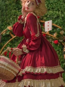 Miss Betty Series Solid Color Daily Spring Autumn Striped V-Neck Red Bow-Knot Decoration Classic Lolita Long-Sleeved Dress -NAUS Lolita Shop 4 500x672 339