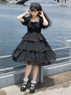 Sicily Series OP Three-section Hem Vintage Elegant Black Chiffon Classic Lolita Short Sleeve Dress -NAUS Lolita Shop 4 500x672 346