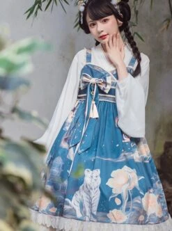 Chinoiserie White Tiger Print Bow-Knot Ribbon Tassel Accessories High Waist Lace Classic Lolita Sleeveless Dress -NAUS Lolita Shop 4 500x672 359