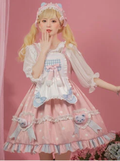 Jennie Bear Diary Series Cute Sweet Pink Ruched Lace Bow Trim White Polka Dots Bear Doll Shape Apron Classic Lolita Short Sleeve Dress -NAUS Lolita Shop 4 500x672 374