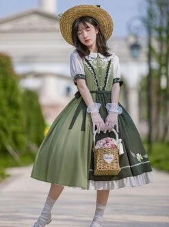 Summer Embroidered Doll Collar Cute Puff Sleeves Green Little Daisy Embroidered Stitching Hem Classic Lolita Short Sleeve Dress -NAUS Lolita Shop 4 500x672 391