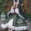 Stand Collar False Two Piece Design Lantern Sleeve Embroidered Lace Hem Dress Plush Hooded Cloak Christmas Classic Lolita Long Sleeve Dress Set
