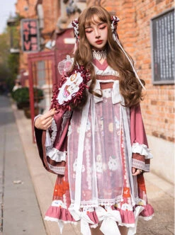 Chinese Style Chiffon Ruffled Pleats Sweet High Waist Tie RopePuppy Print Bow Knot Decoration Classic Lolita OP Dress Set -NAUS Lolita Shop 4 500x672 402