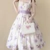 Simple White Floral Pattern Pearl Belt Open Back Large Bow Sleeveless Sling Classic Lolita Dress