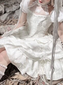 Butterfly Bone Series Pure White Dark Pattern Jacquard Texture Ruffles Embroidered Butterfly Lace Classic Lolita Puff Sleeves Dress OP -NAUS Lolita Shop 4 500x672 404