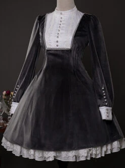 Velour Long Sleeve Pearl Buttons Classic Lolita Dress -NAUS Lolita Shop 4 500x672 409