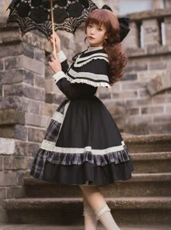 White Night Notes Series French Romance Retro Black Hollow Plaid Pattern Classic Lolita Puff Sleeves Dress Knitted Cape Set -NAUS Lolita Shop 4 500x672 415