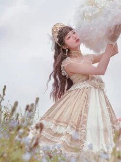 Moon Cage Yarn Series JSK Chest Pearl Pendant Layered Lace Big Hem Matching Hair Crown Necklace Gorgeous Court Classic Lolita Sling Dress -NAUS Lolita Shop 4 500x672 416