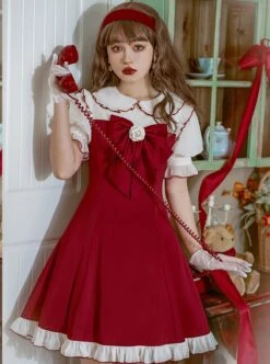 Doll Collar Chest Red Big Bow Puff Sleeves Ruffled Hem Design Classic Lolita Short Sleeve Dress -NAUS Lolita Shop 4 500x672 420